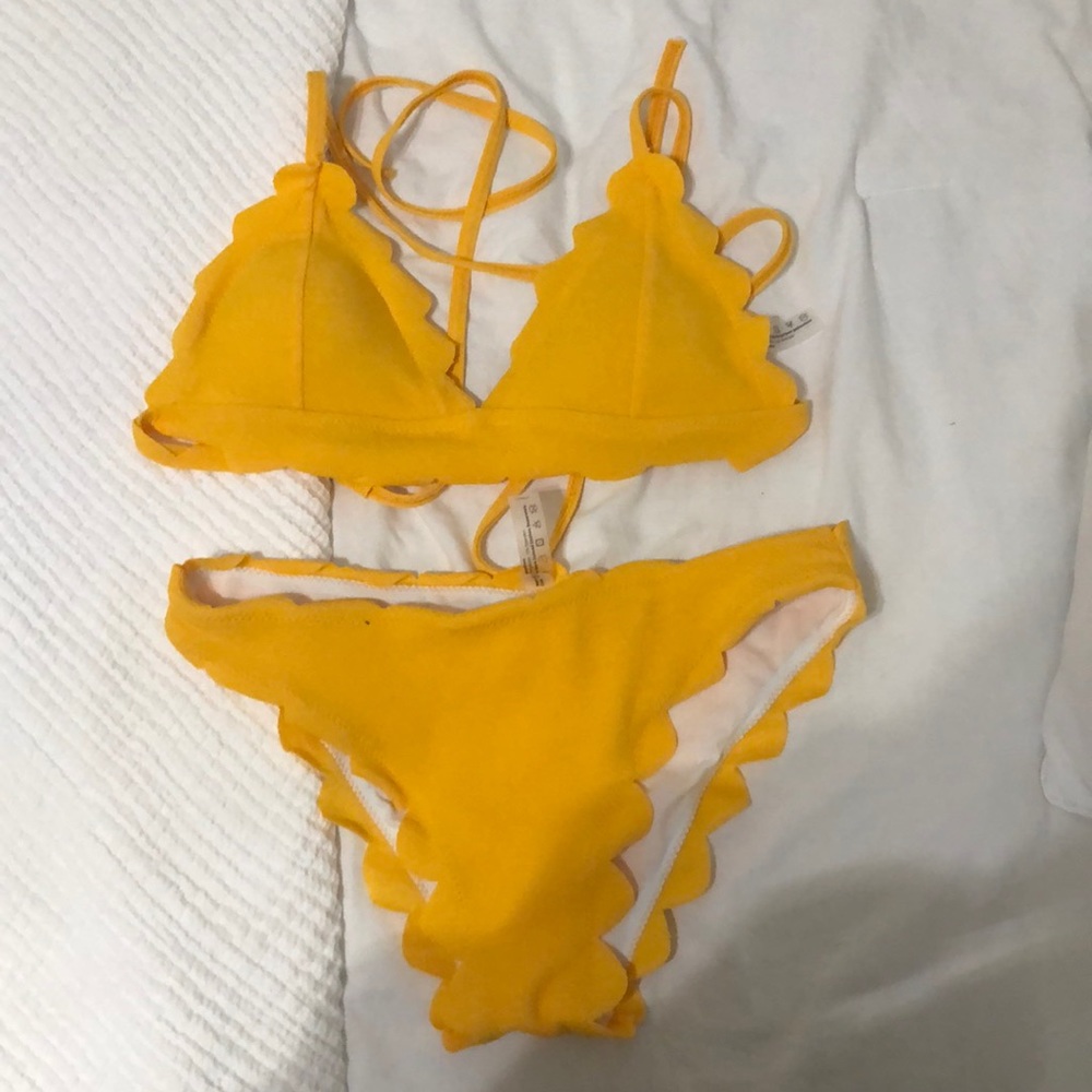 yellow scalloped bikini top and bottom